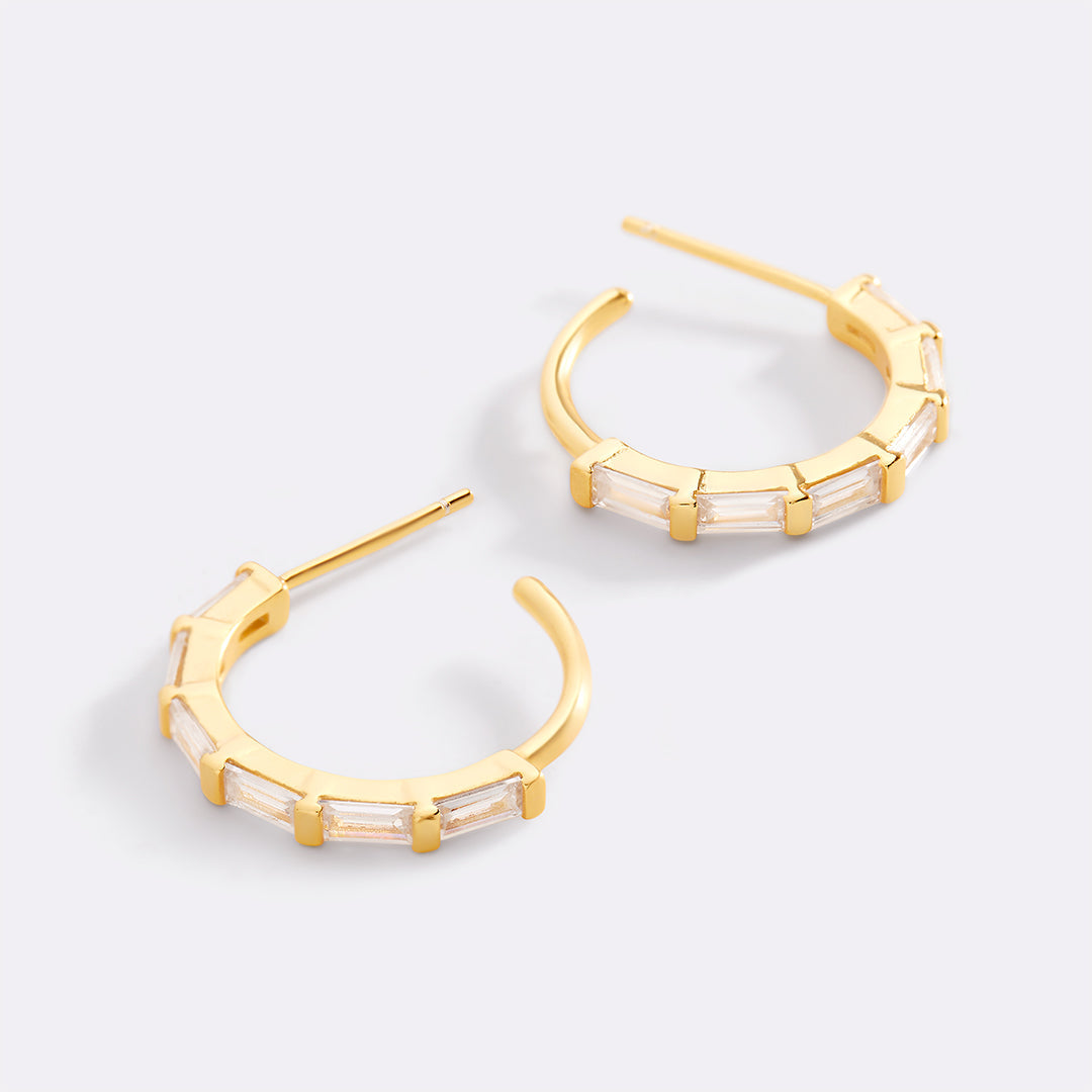 Baguette Diamond Hoop Earrings in gold tone, flat lay detail