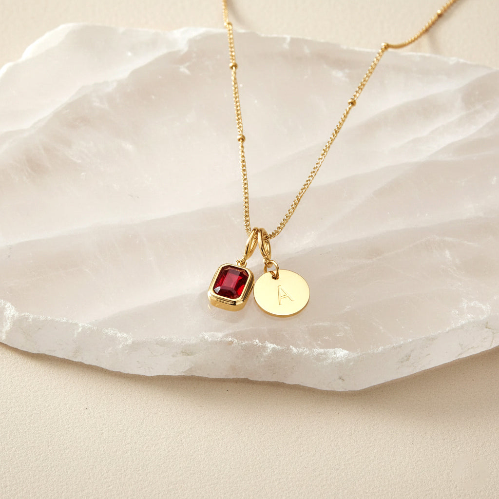 Baguette Birthstone & Initial Necklace, flat lay detail
