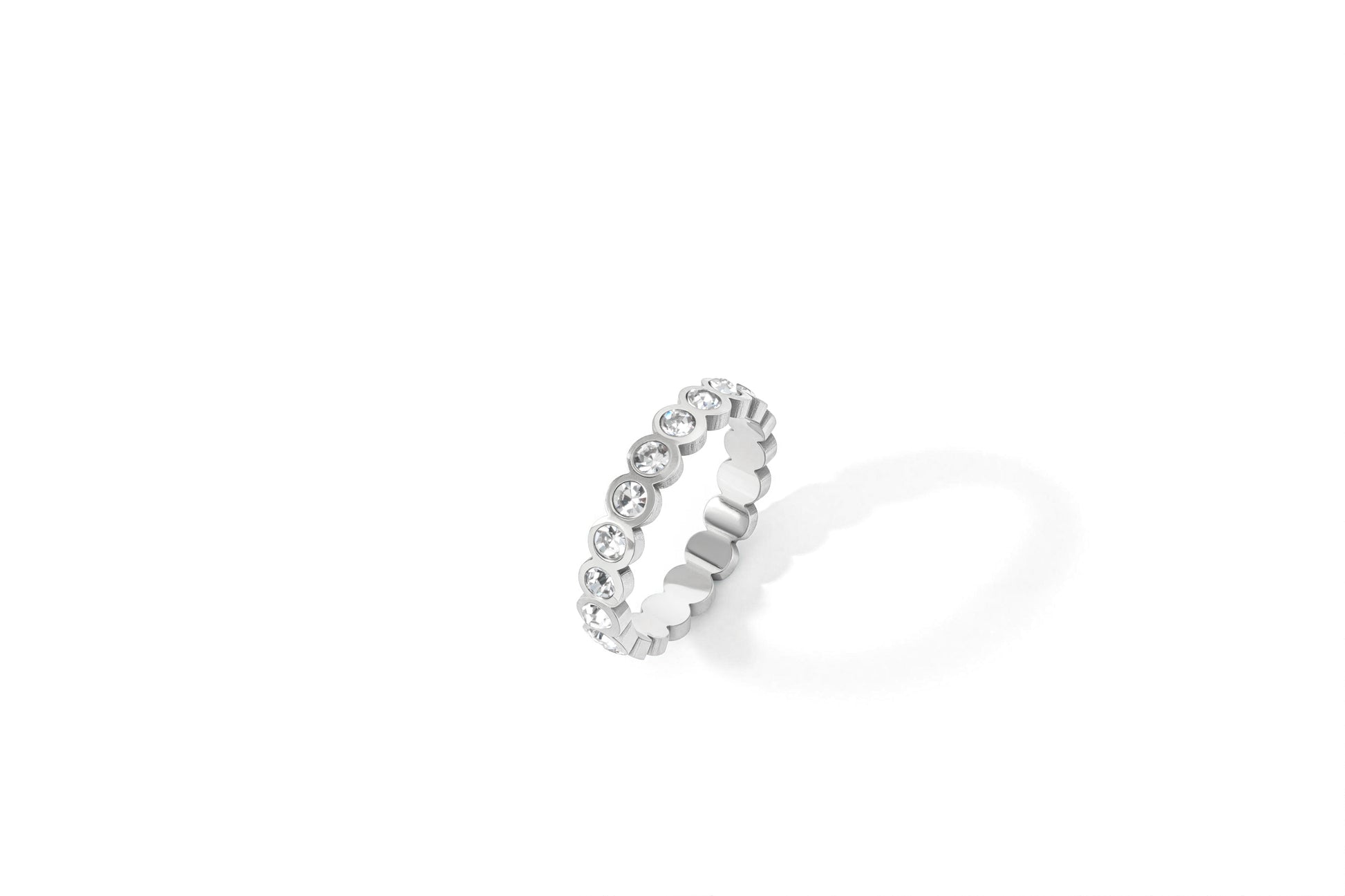 Bezel Set Eternity Stacking Ring in 925 sterling silver, flat lay detail