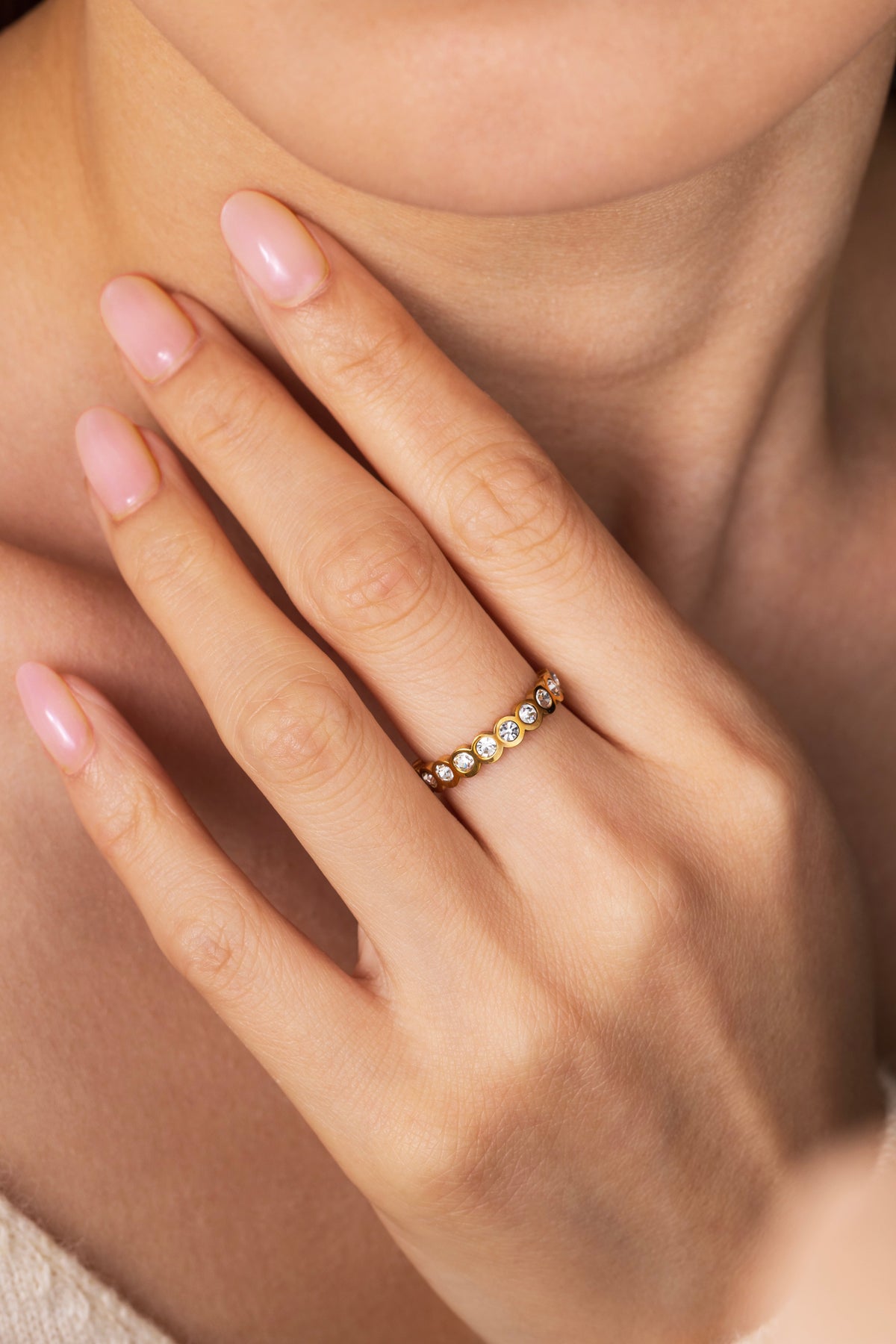 Bezel Set Eternity Stacking Ring, worn on a model