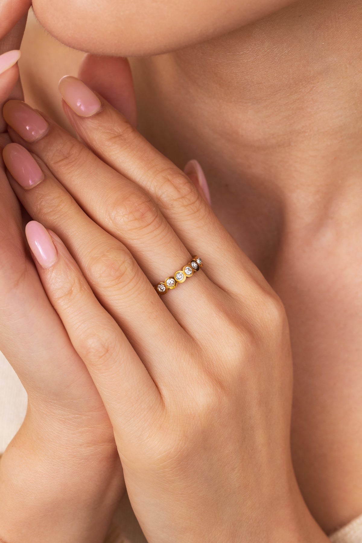 Bezel Set Eternity Stacking Ring, worn on a model