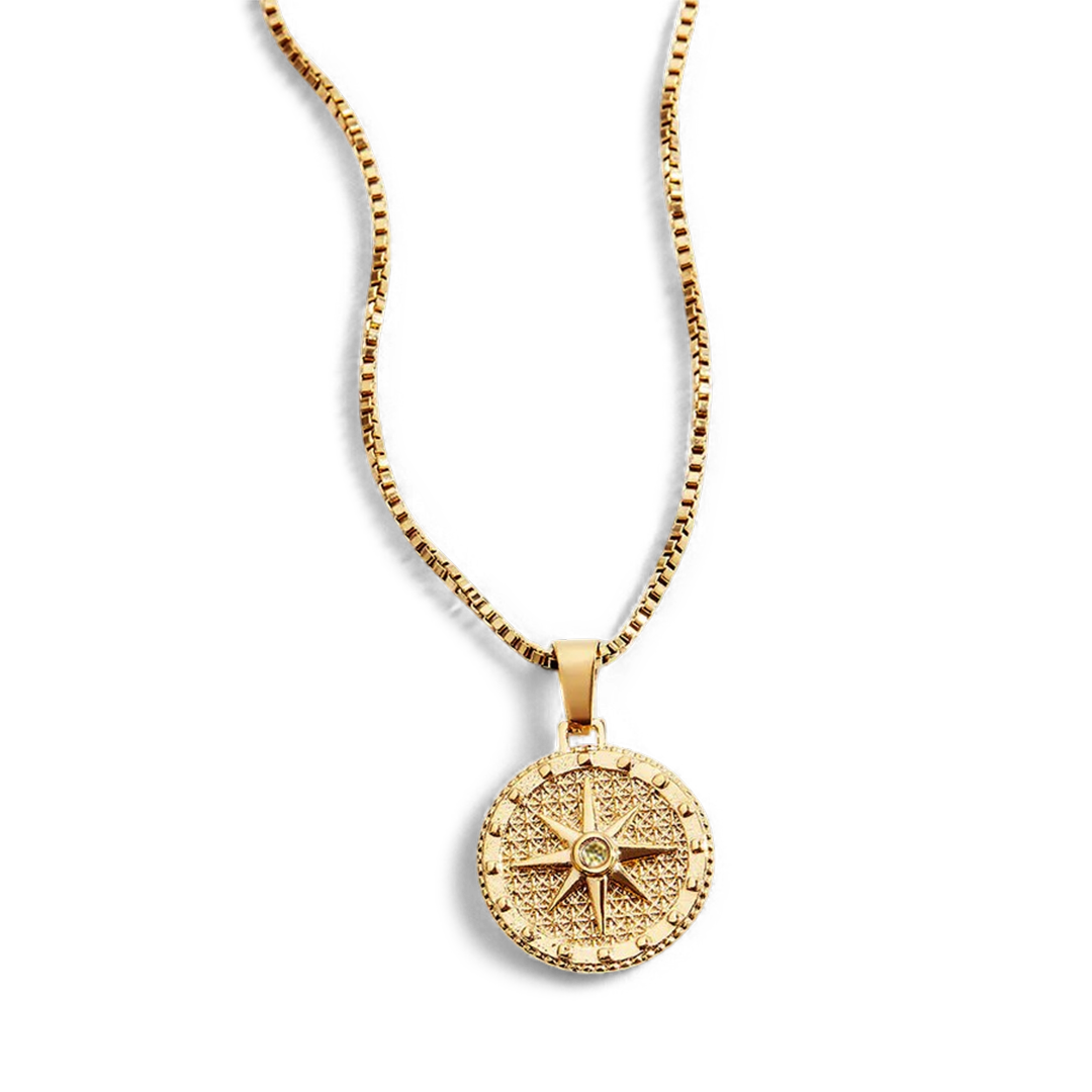 Birthstone Compass Pendant Necklace in gold tone with August birthstone