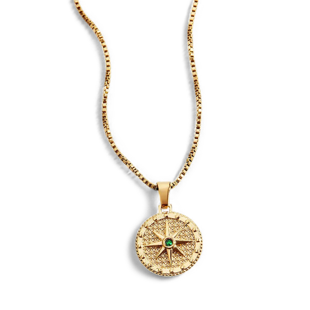 Birthstone Compass Pendant Necklace in gold tone with May birthstone