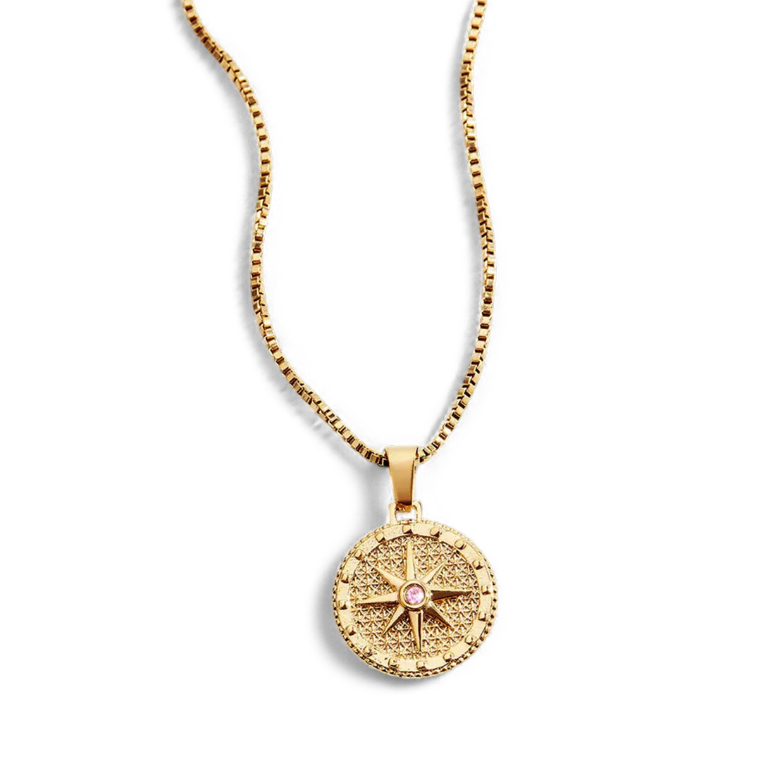 Birthstone Compass Pendant Necklace in gold tone with October birthstone
