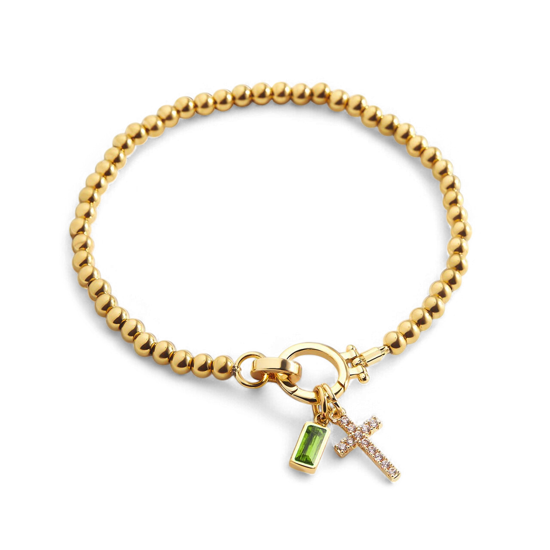 Cross Charm Birthstone Bracelet with August birthstone