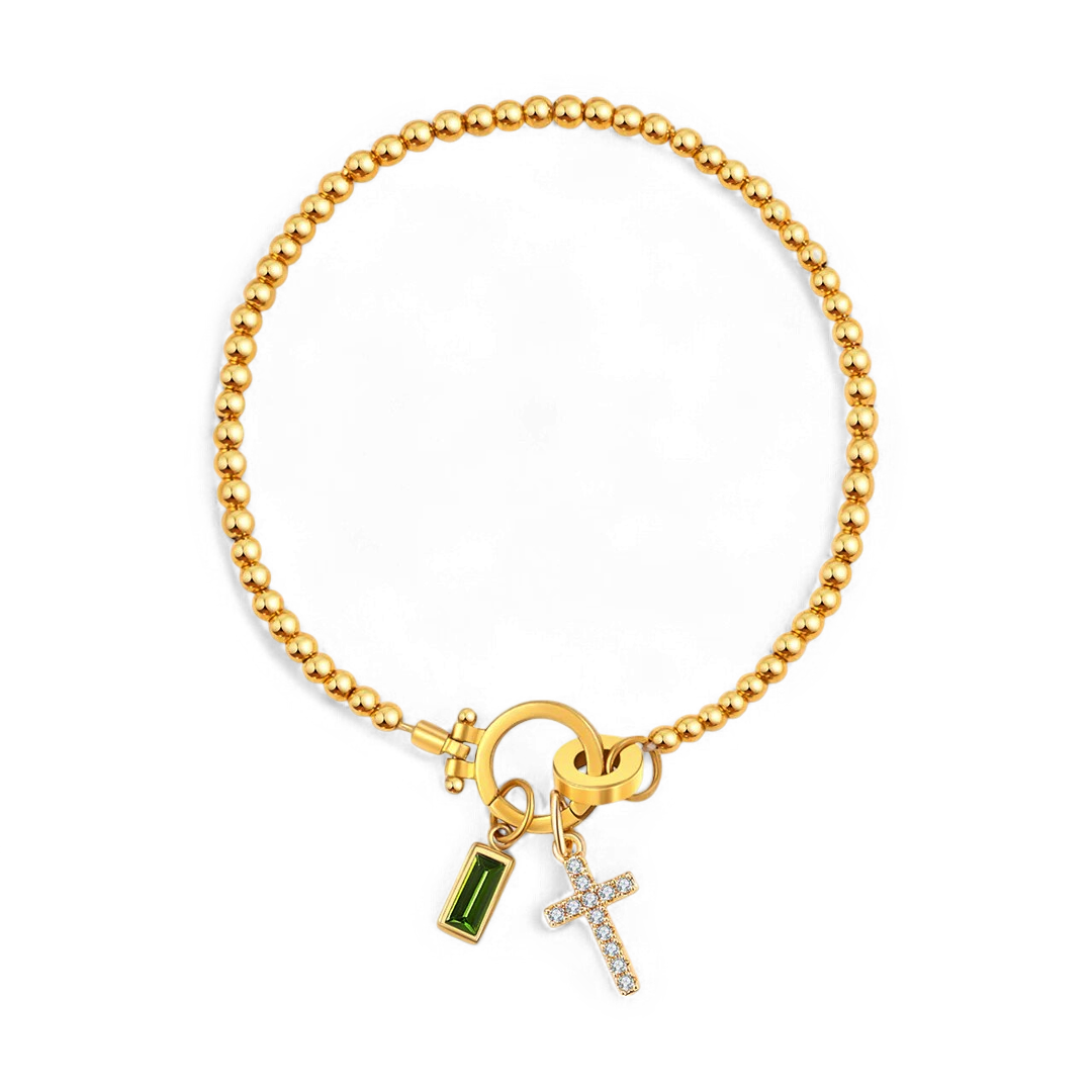 Cross Charm Birthstone Bracelet in gold tone with August birthstone