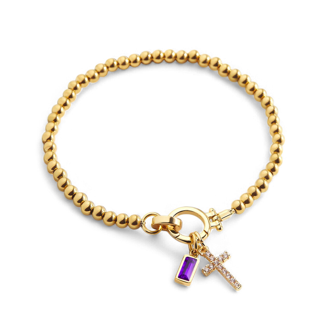 Cross Charm Birthstone Bracelet with February birthstone