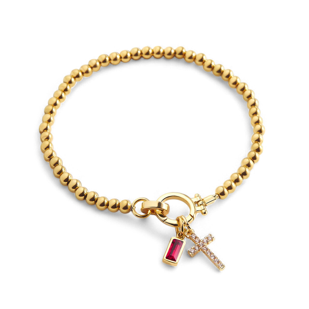 Cross Charm Birthstone Bracelet with July birthstone