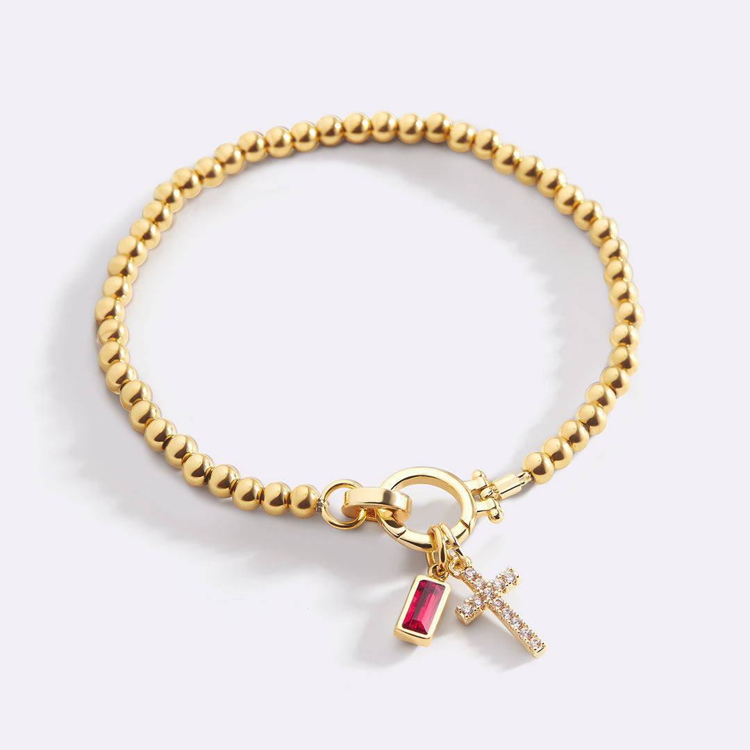 Cross Charm Birthstone Bracelet with July birthstone