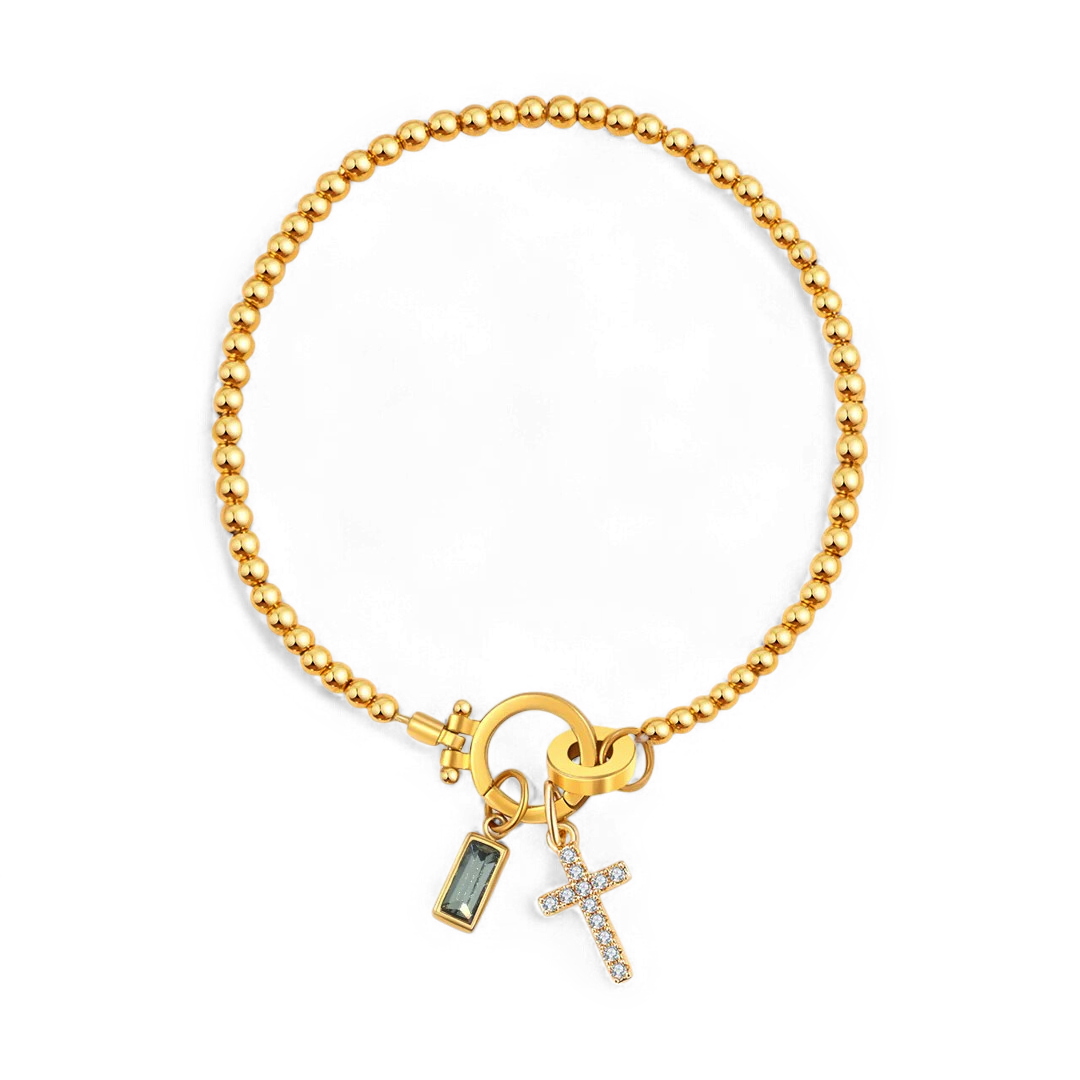 Cross Charm Birthstone Bracelet in gold tone with June birthstone