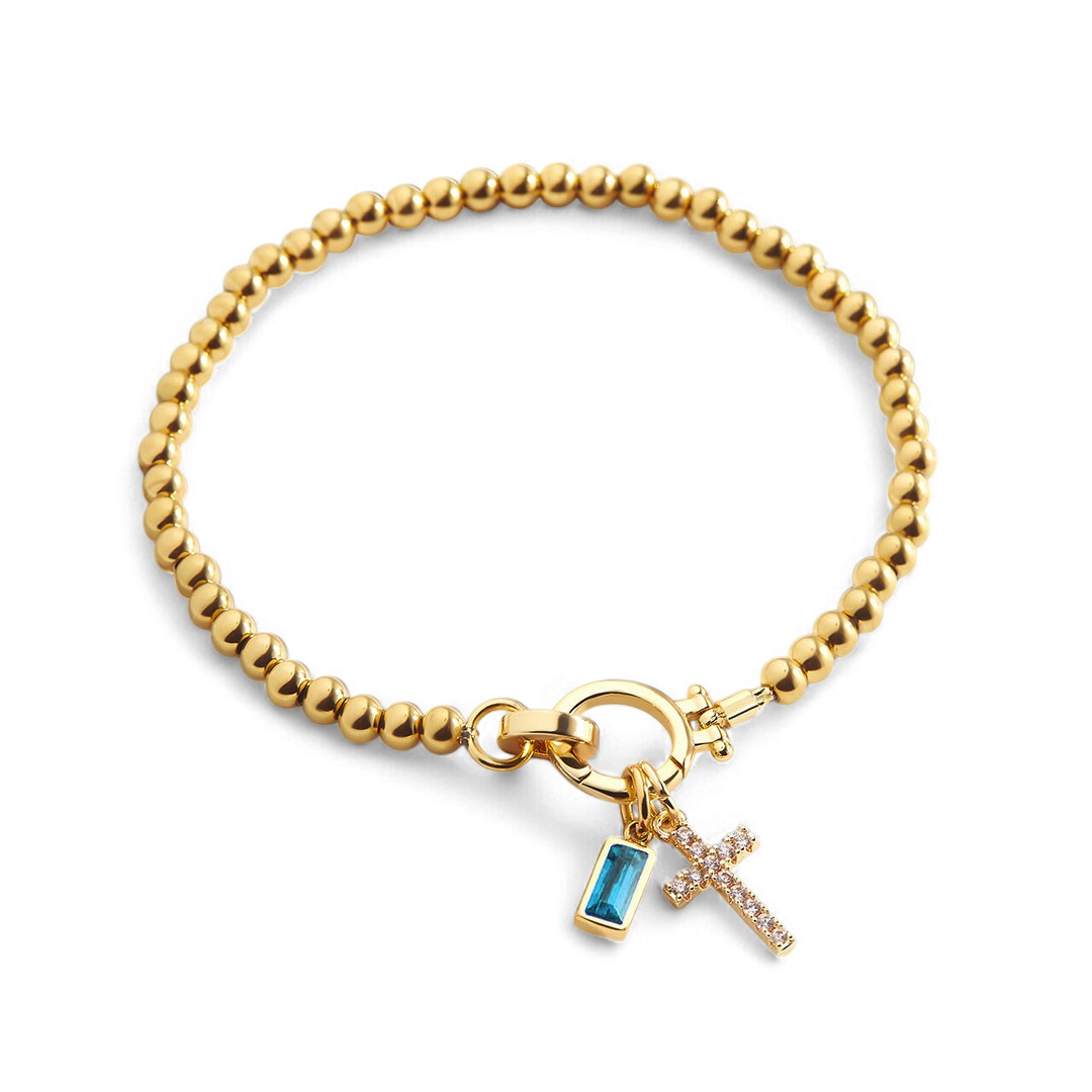 Cross Charm Birthstone Bracelet with March birthstone