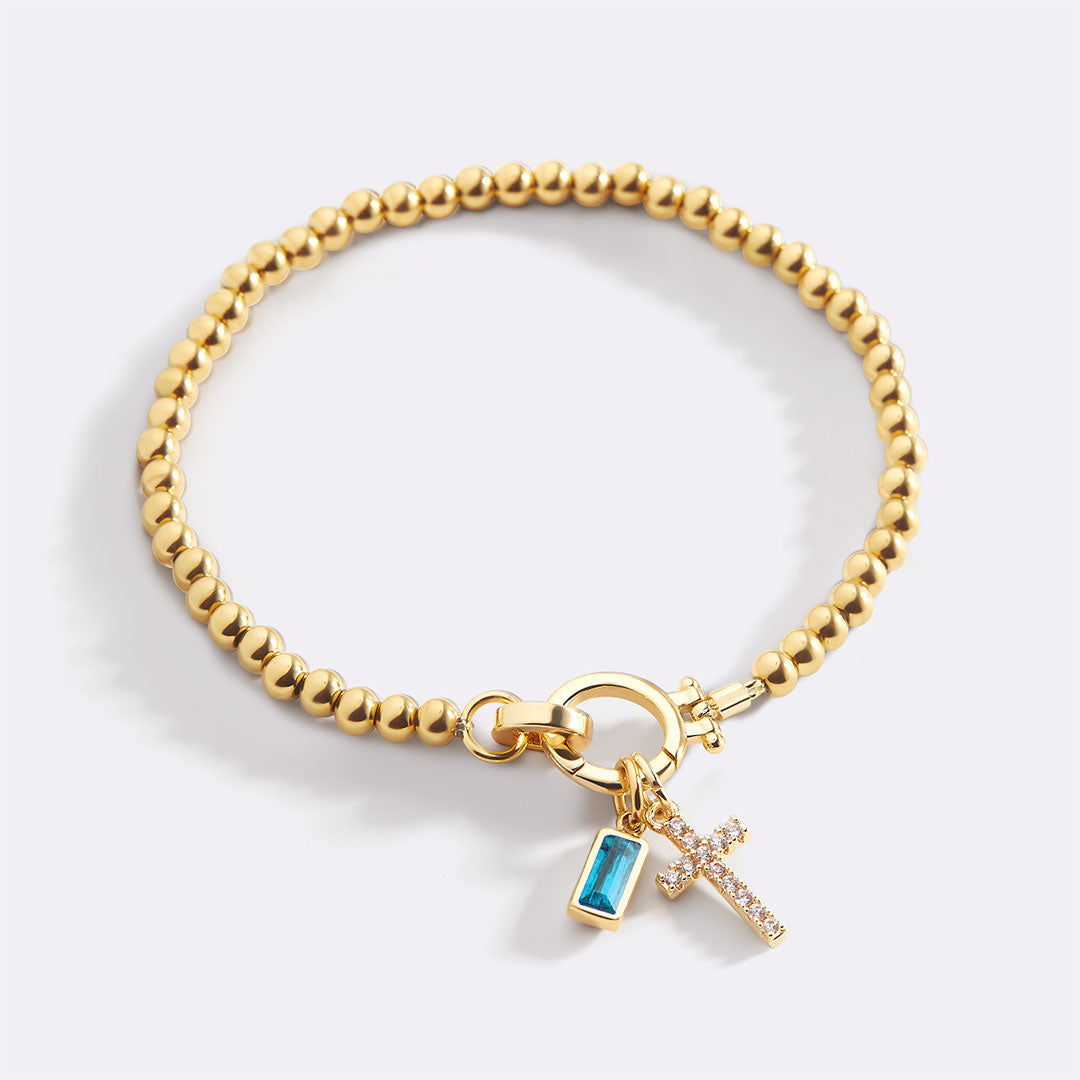 Cross Charm Birthstone Bracelet with March birthstone