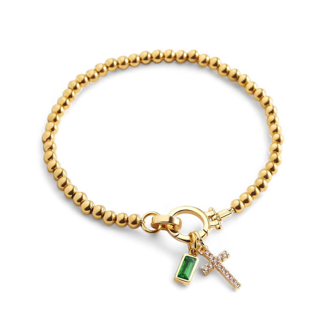 Cross Charm Birthstone Bracelet with May birthstone