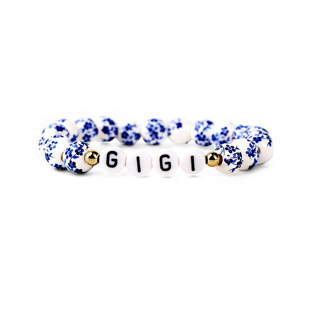 Blaues Armband mit Perlen und Blumen aus Porzellan für Mama und Oma