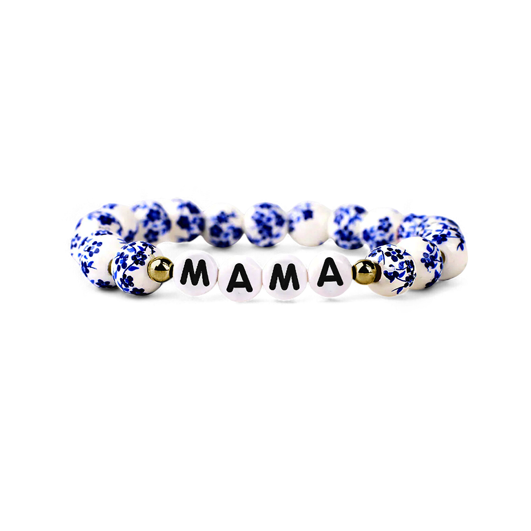 Blaues Armband mit Perlen und Blumen aus Porzellan für Mama und Oma
