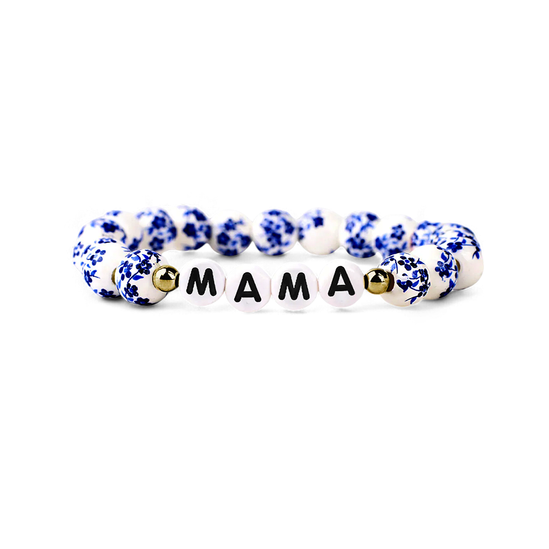 Blaues Armband mit Perlen und Blumen aus Porzellan für Mama und Oma
