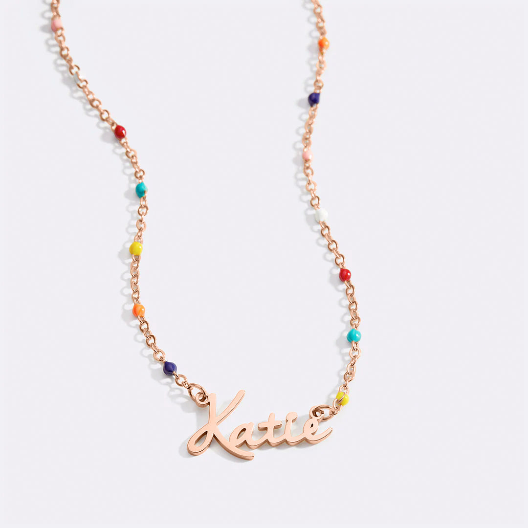 Colorful Beaded Fairy Name Necklace in rose gold tone