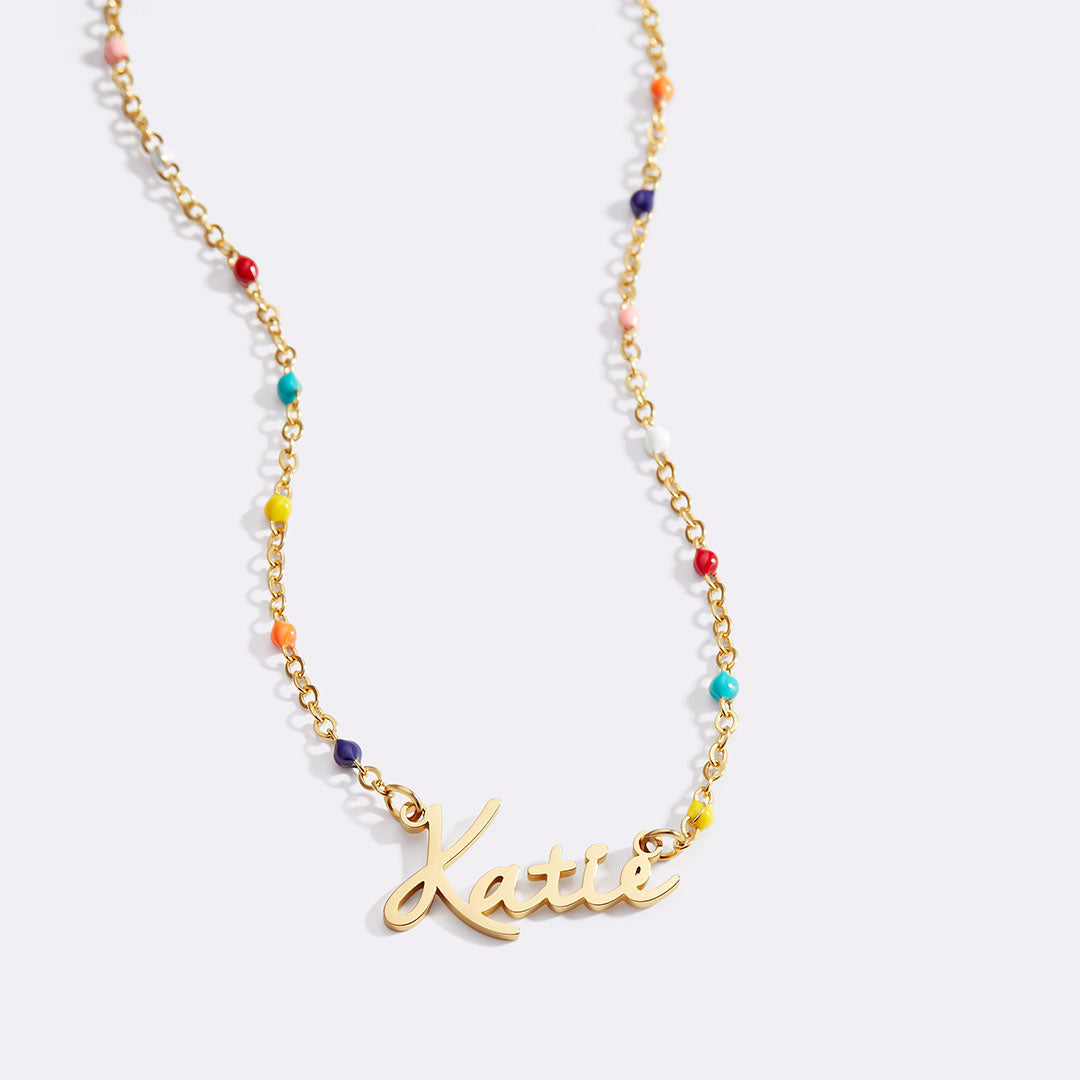 Colorful Beaded Fairy Name Necklace in gold tone
