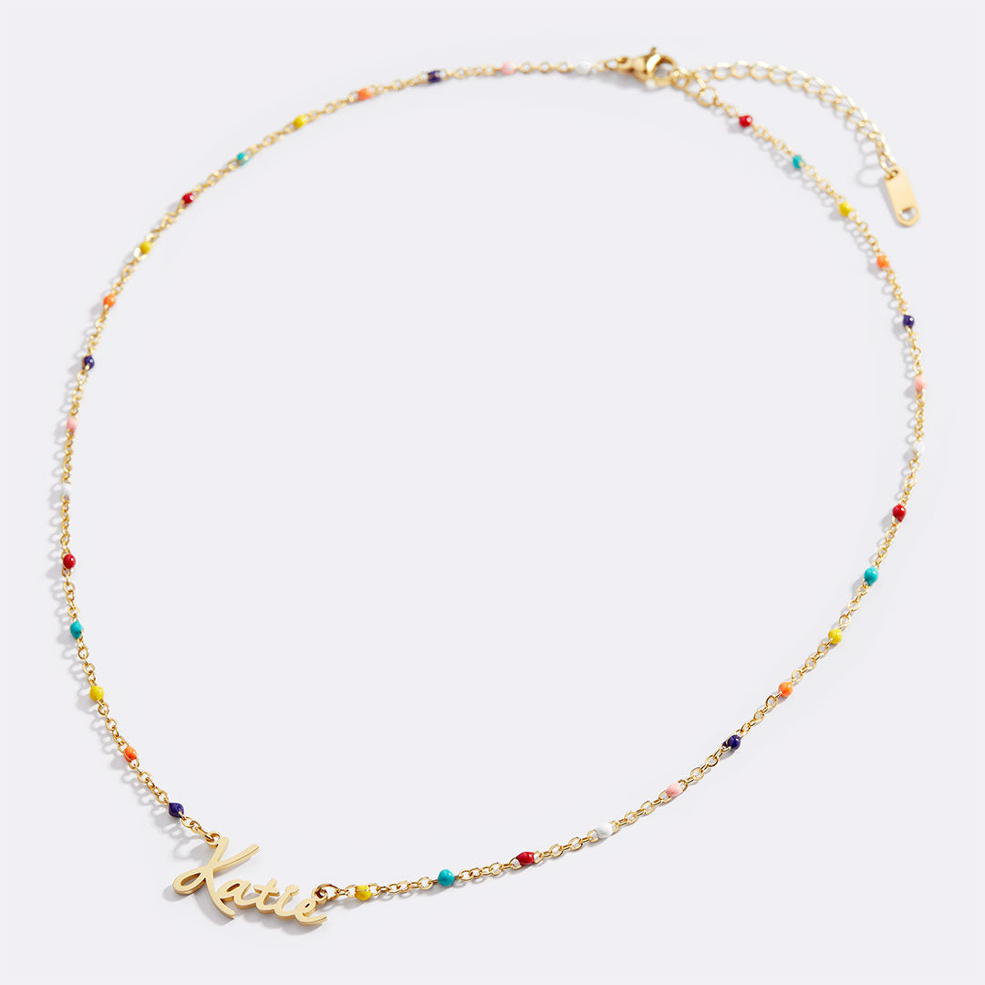 Colorful Beaded Fairy Name Necklace in gold tone