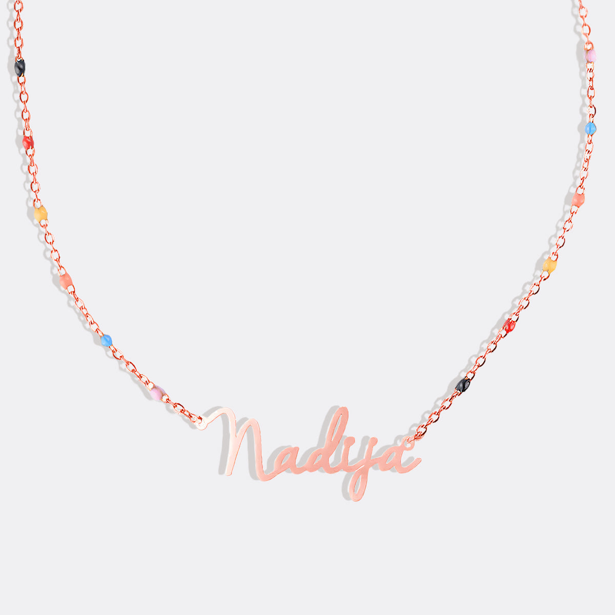 Colorful Beaded Fairy Name Necklace in rose gold tone