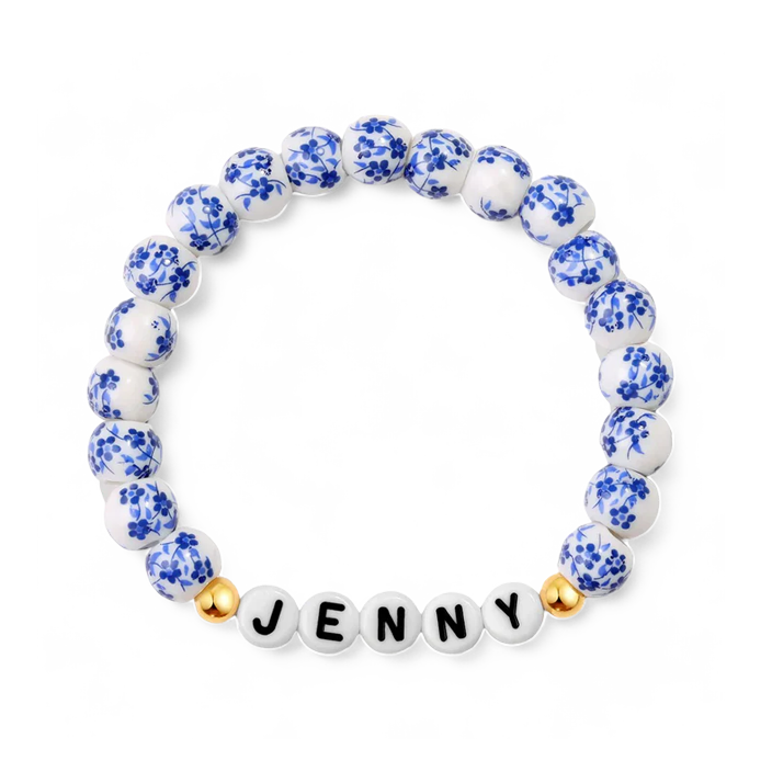 Custom Name Blue Porcelain Floral Beaded Bracelet in 925 Sterling Silver — Vanny Jewels