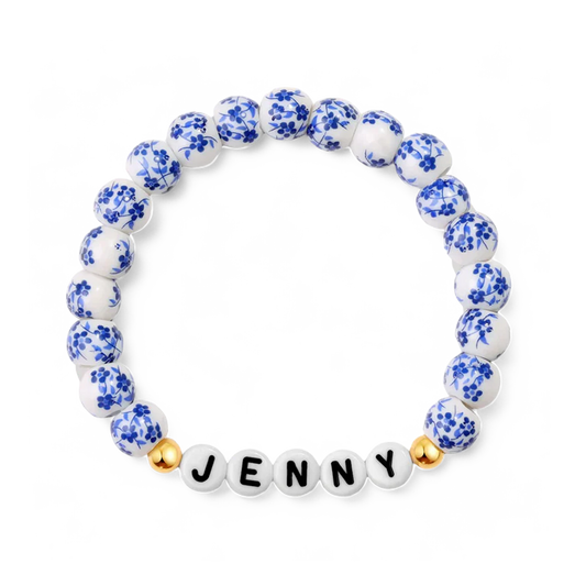 Custom Name Blue Porcelain Floral Beaded Bracelet in 925 Sterling Silver — Vanny Jewels