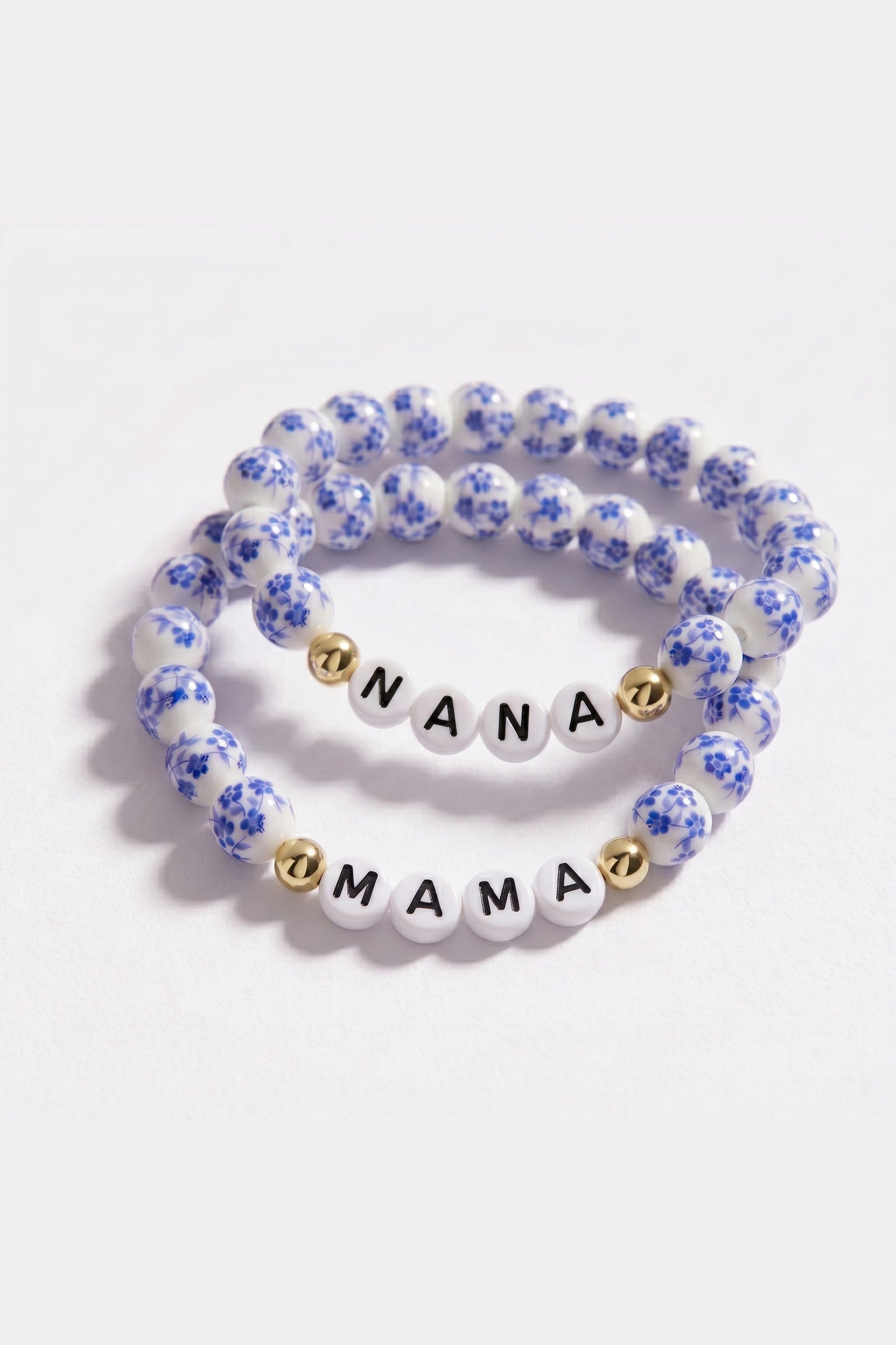 Blue Porcelain Floral Beaded Bracelet for Mom & Grandma in gold tone, flat lay detail