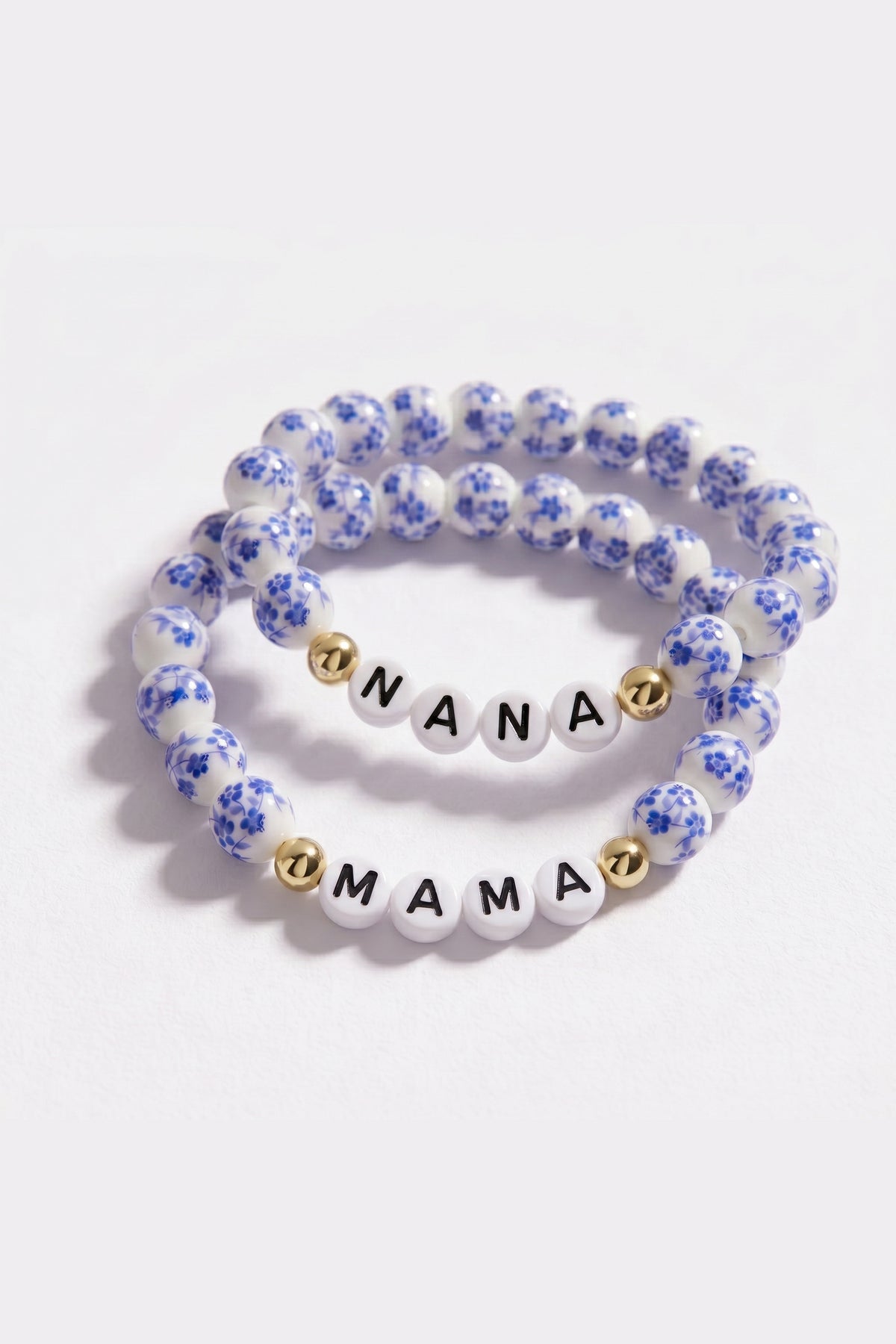 Blue Porcelain Floral Beaded Bracelet for Mom & Grandma in gold tone, flat lay detail
