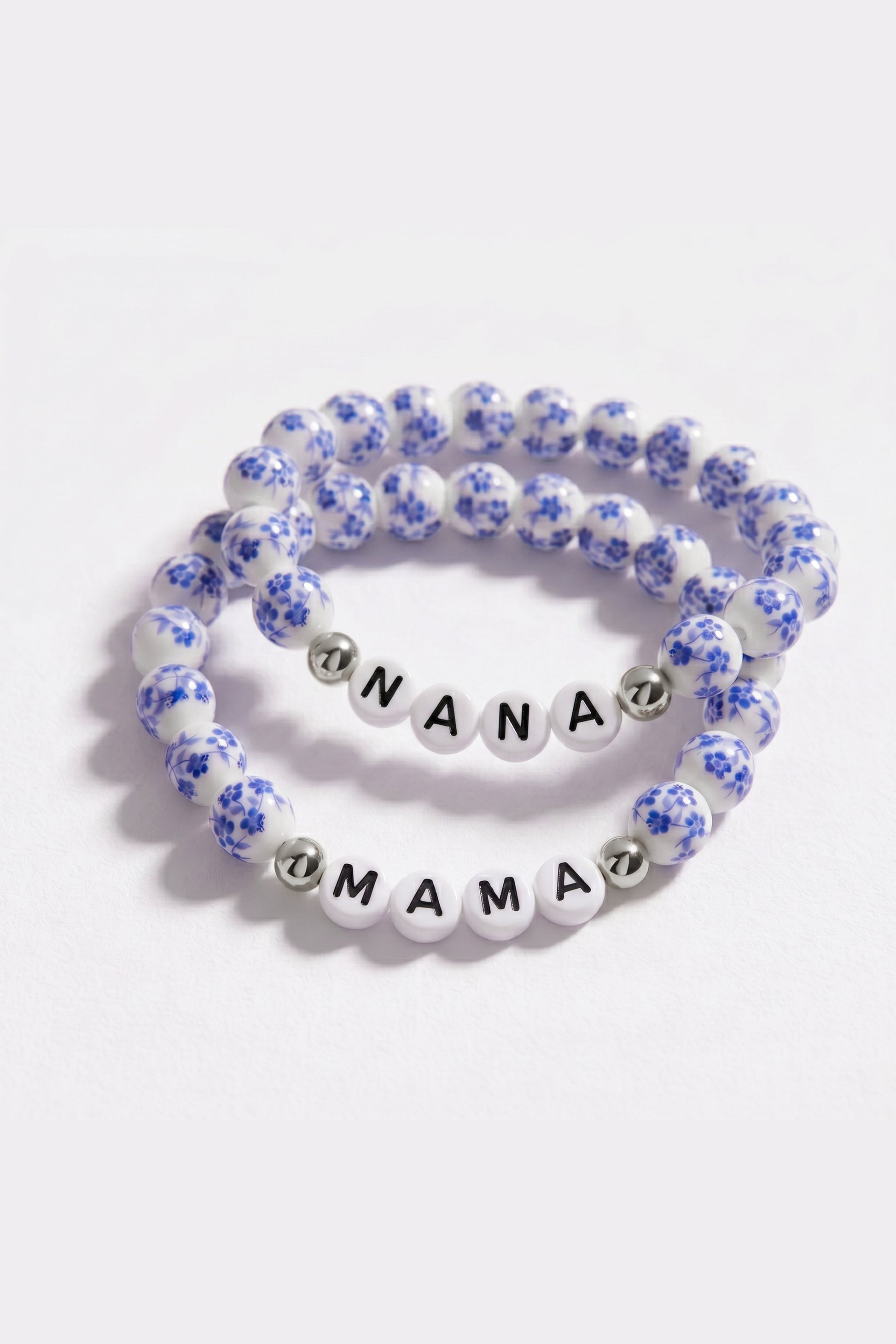 Blue Porcelain Floral Beaded Bracelet for Mom & Grandma in 925 sterling silver, flat lay detail