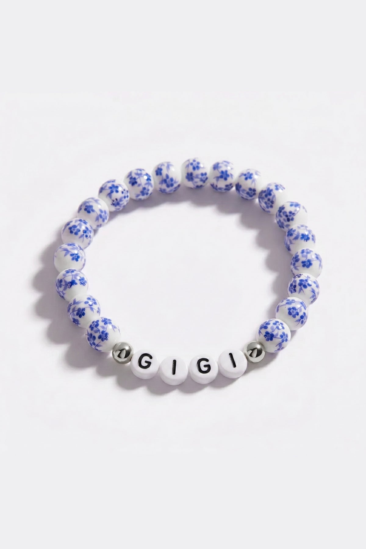 Blue Porcelain Floral Beaded Bracelet for Mom & Grandma in 925 sterling silver