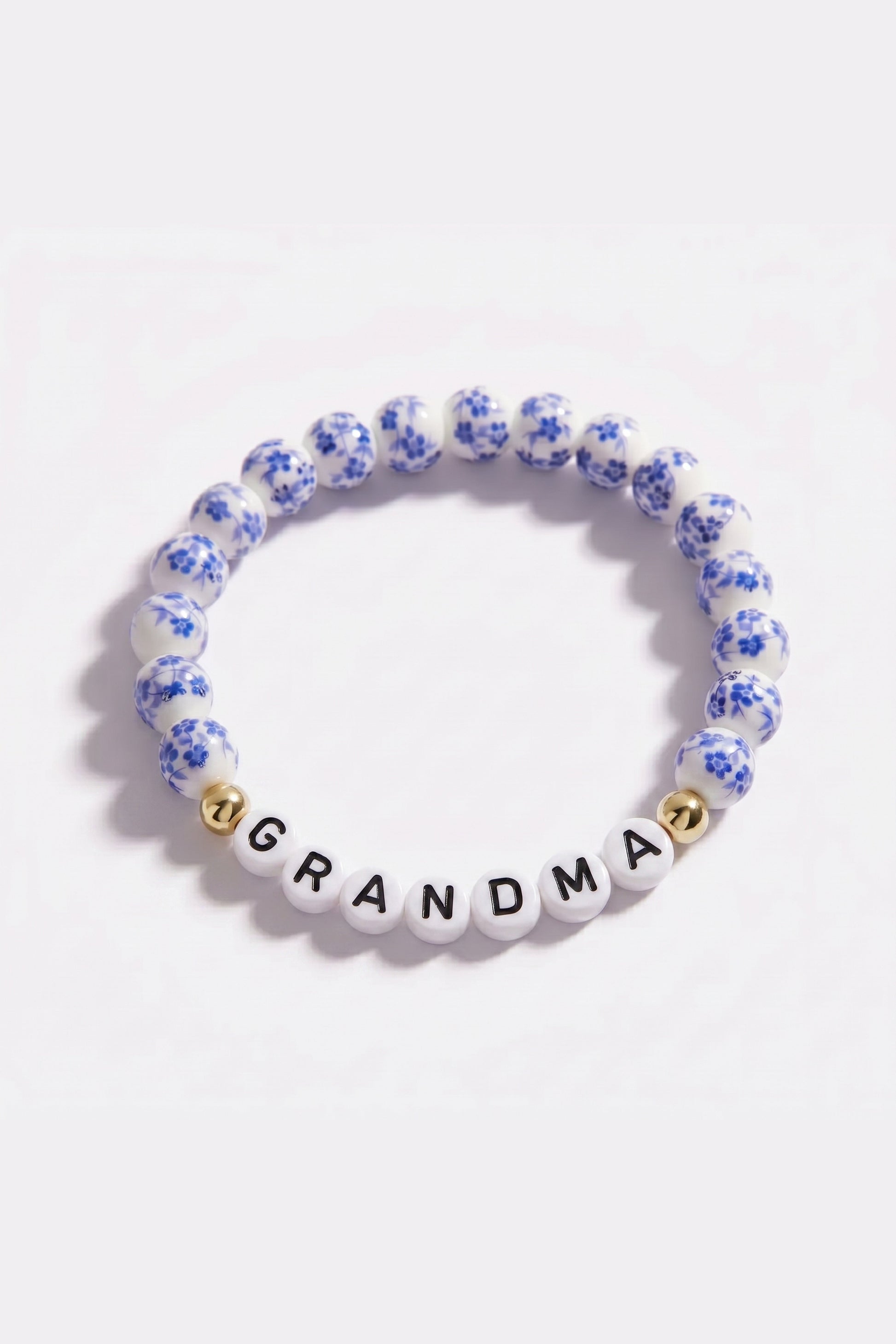 Blue Porcelain Floral Beaded Bracelet for Mom & Grandma in gold tone