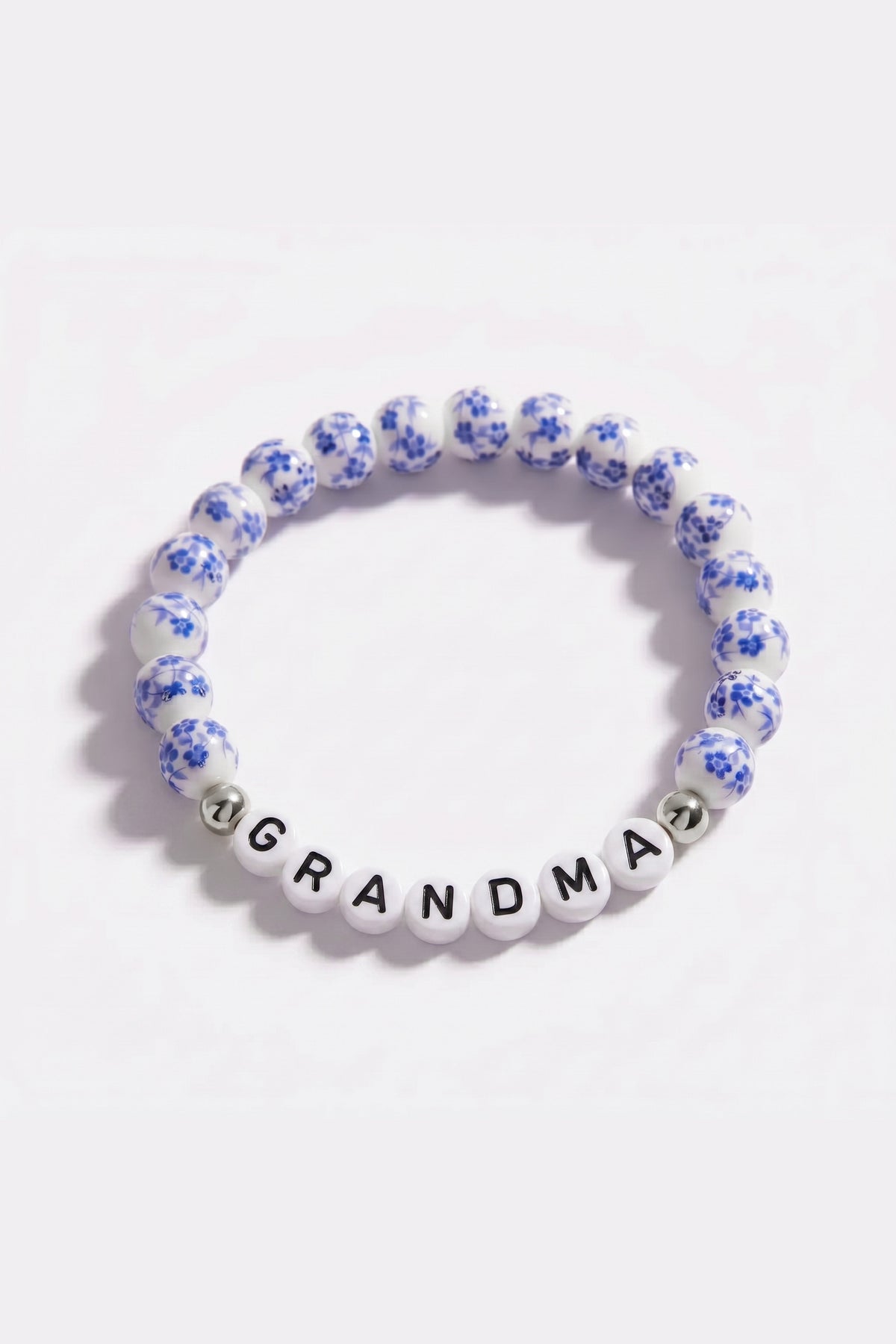 Blue Porcelain Floral Beaded Bracelet for Mom & Grandma in 925 sterling silver