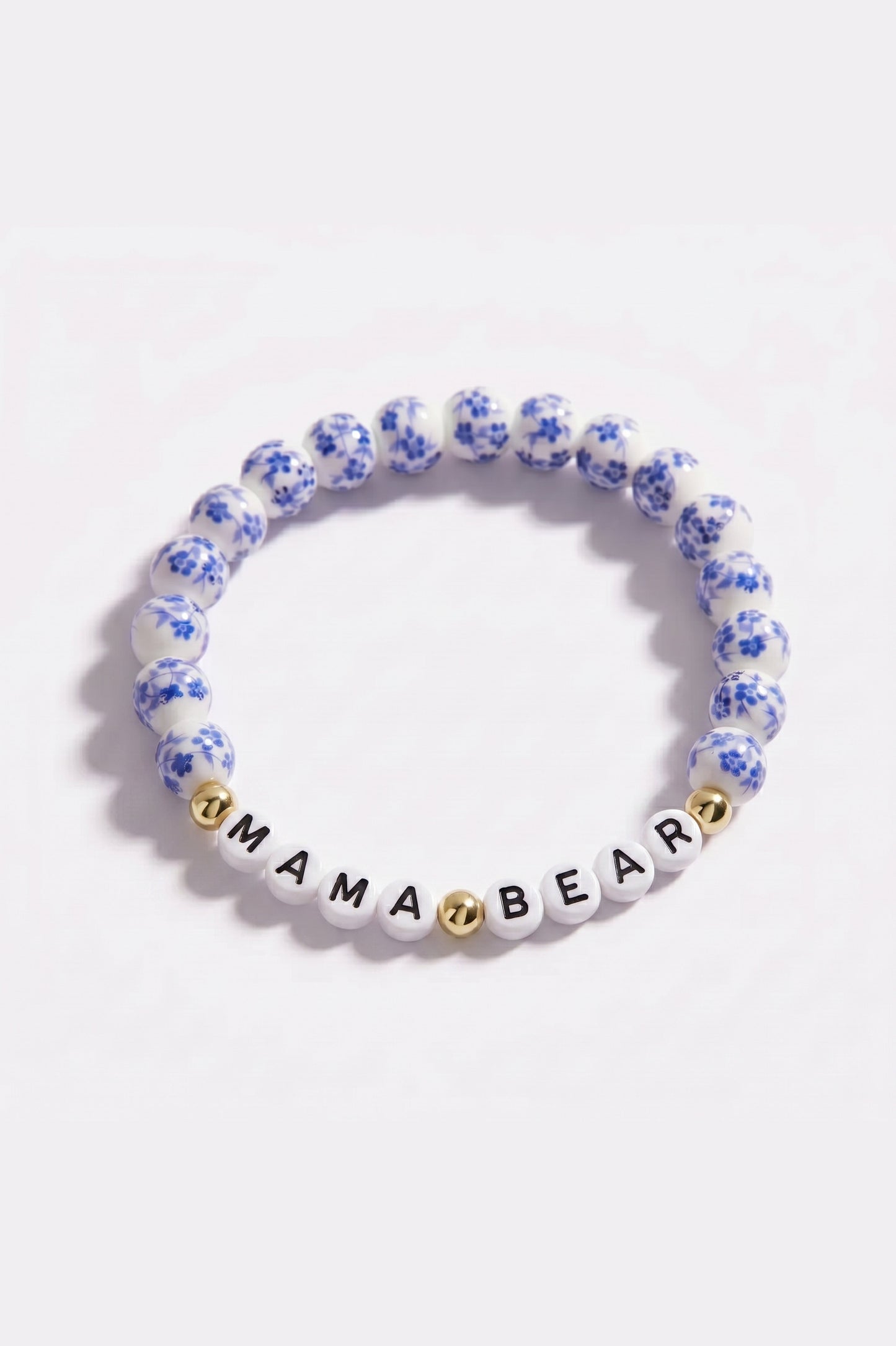 Blue Porcelain Floral Beaded Bracelet for Mom & Grandma in gold tone