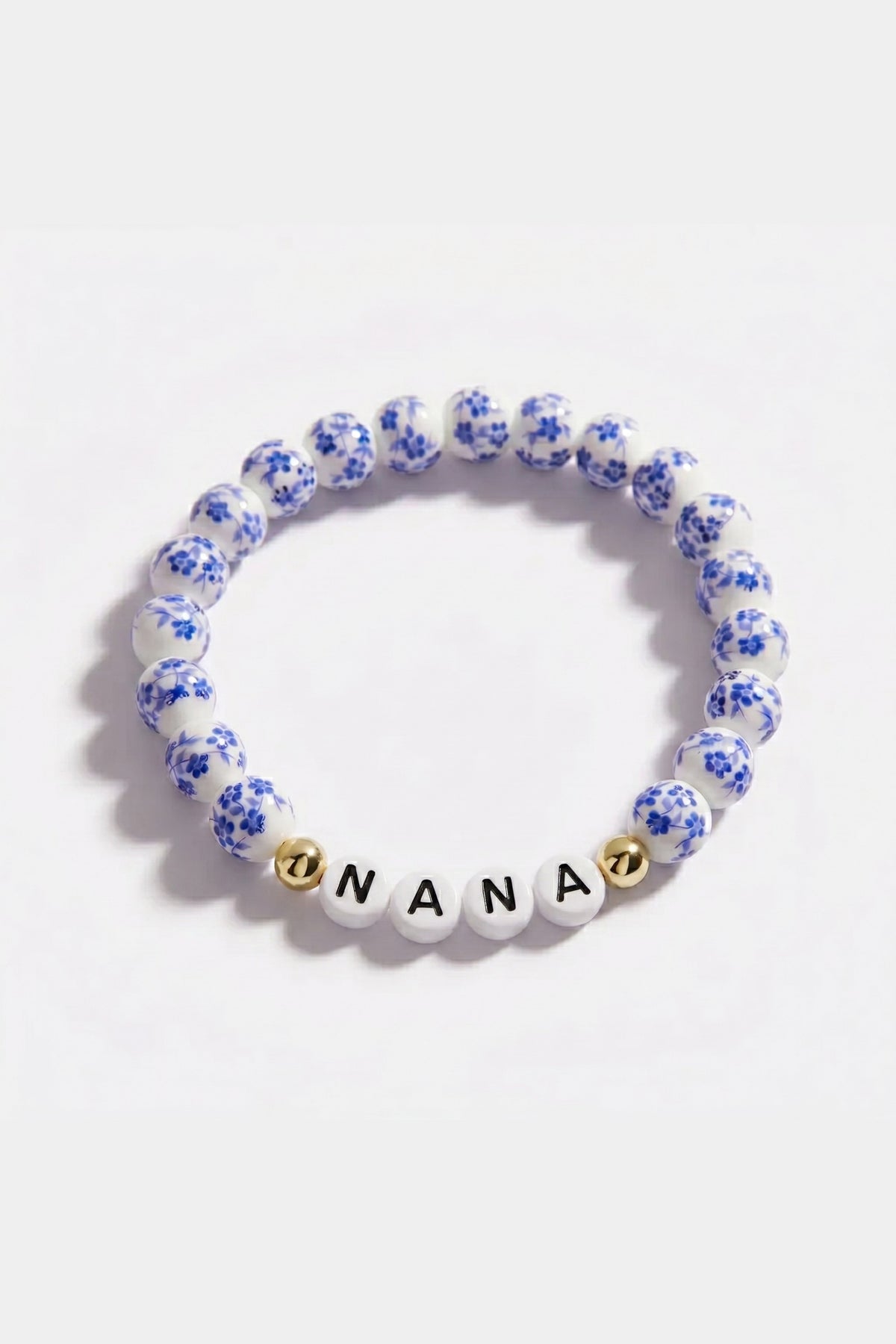 Blue Porcelain Floral Beaded Bracelet for Mom & Grandma in gold tone