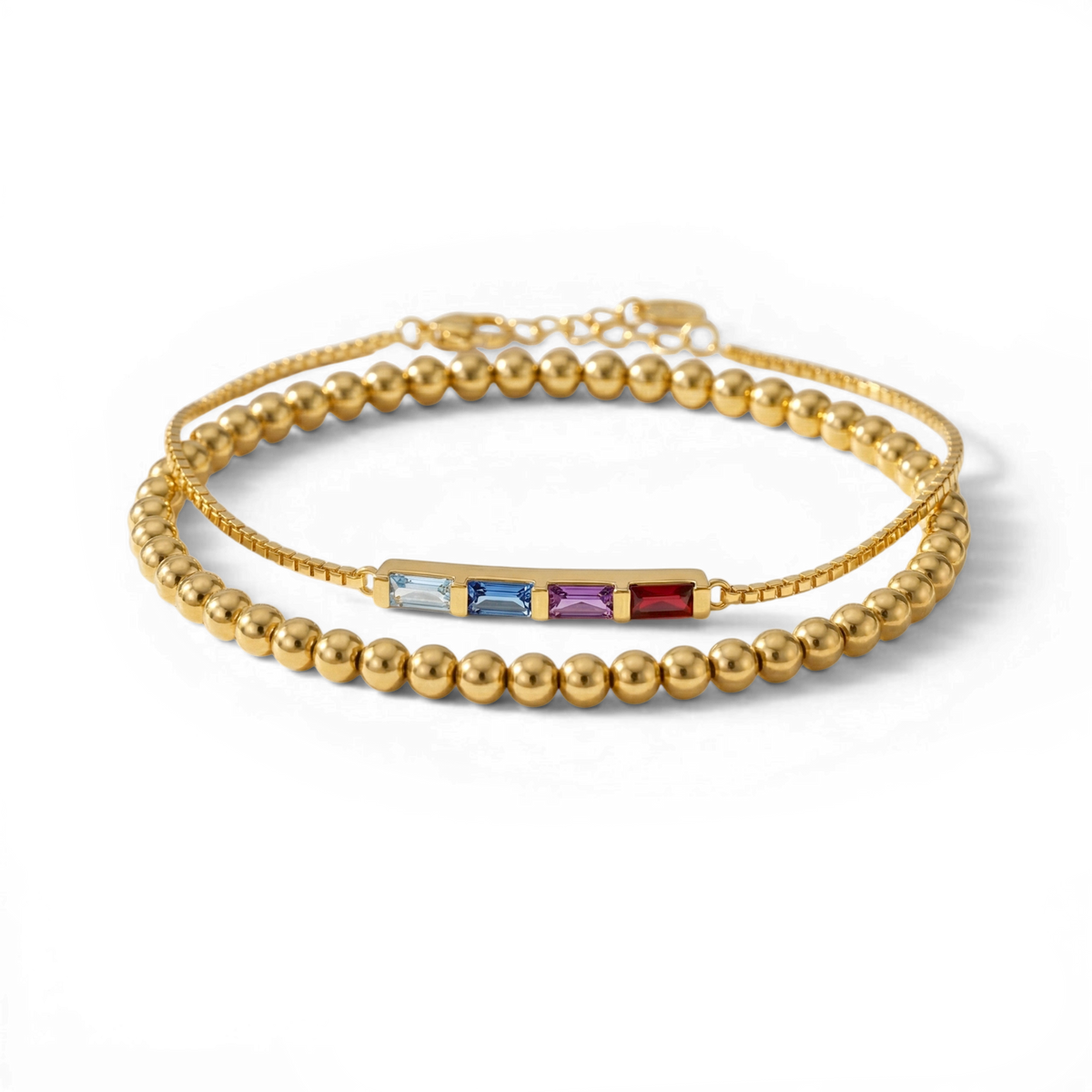 Dainty Baguette Birthstone Bracelet and Beaded Stacking Bracelet Set — Vanny Jewels