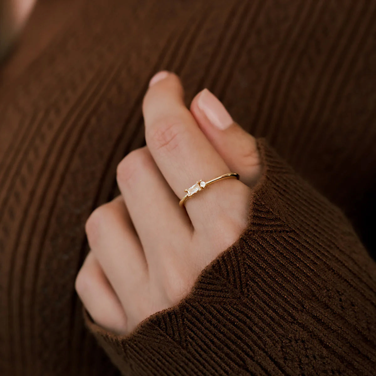 Dainty Baguette Ring, worn on a model