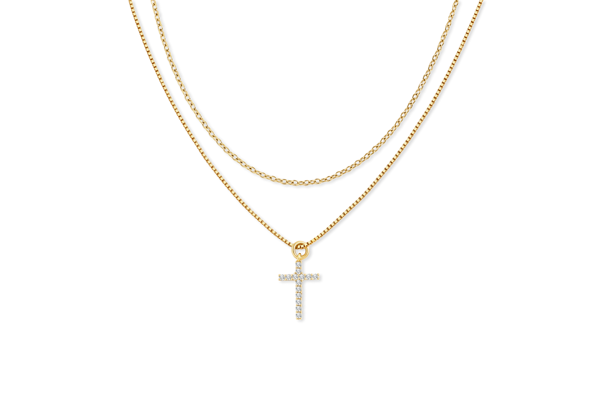 Dainty Cable Necklace with Pave Cross Chain Necklace Stacking Set