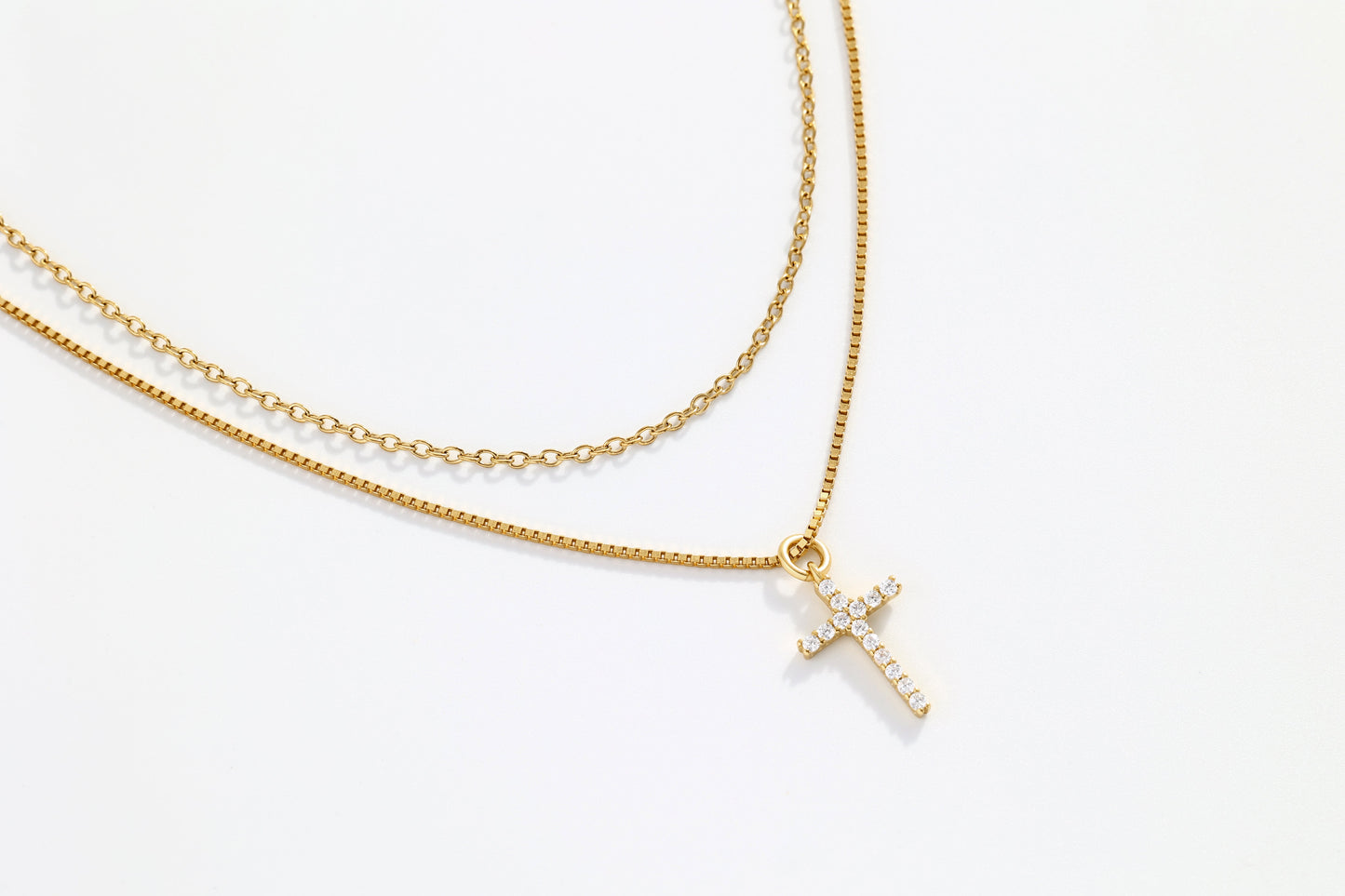Dainty Cable Necklace with Pave Cross Chain Necklace Stacking Set, flat lay detail