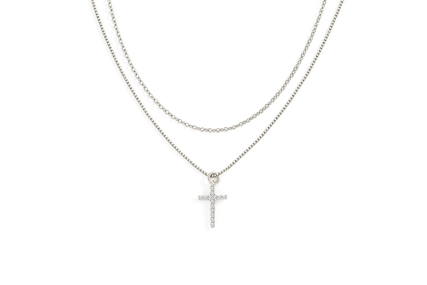 Dainty Cable Necklace with Pave Cross Chain Necklace Stacking Set in 925 sterling silver