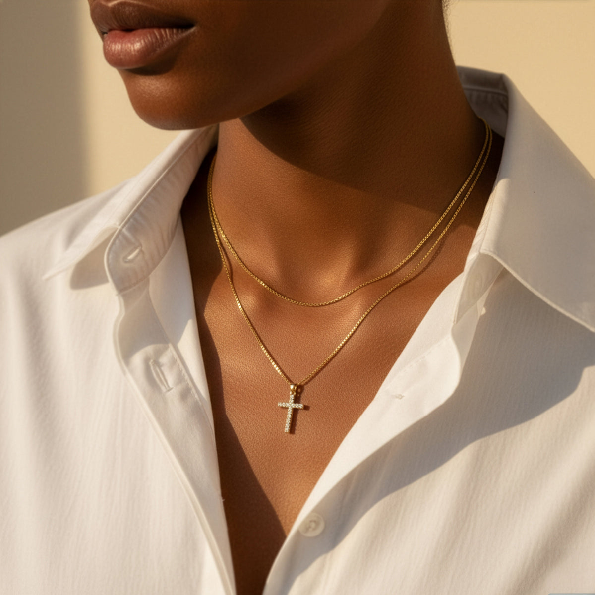 Dainty Cable Necklace with Pave Cross Chain Necklace Stacking Set, worn on a model
