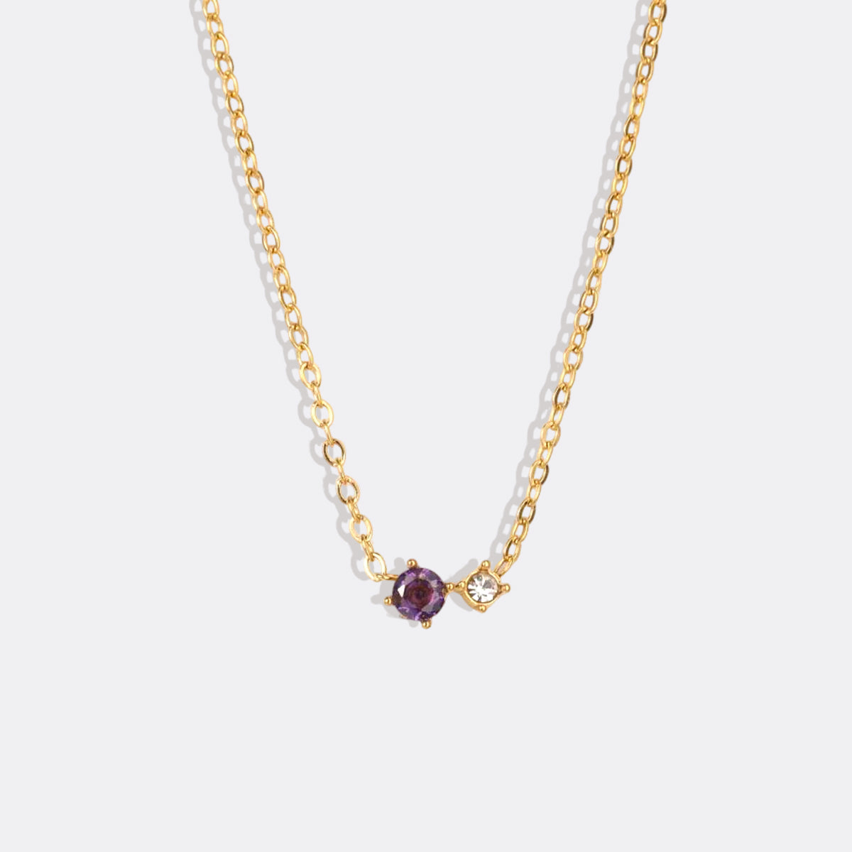 Dainty Birthstone Solitaire Necklace with Diamond Accent in gold tone with February birthstone