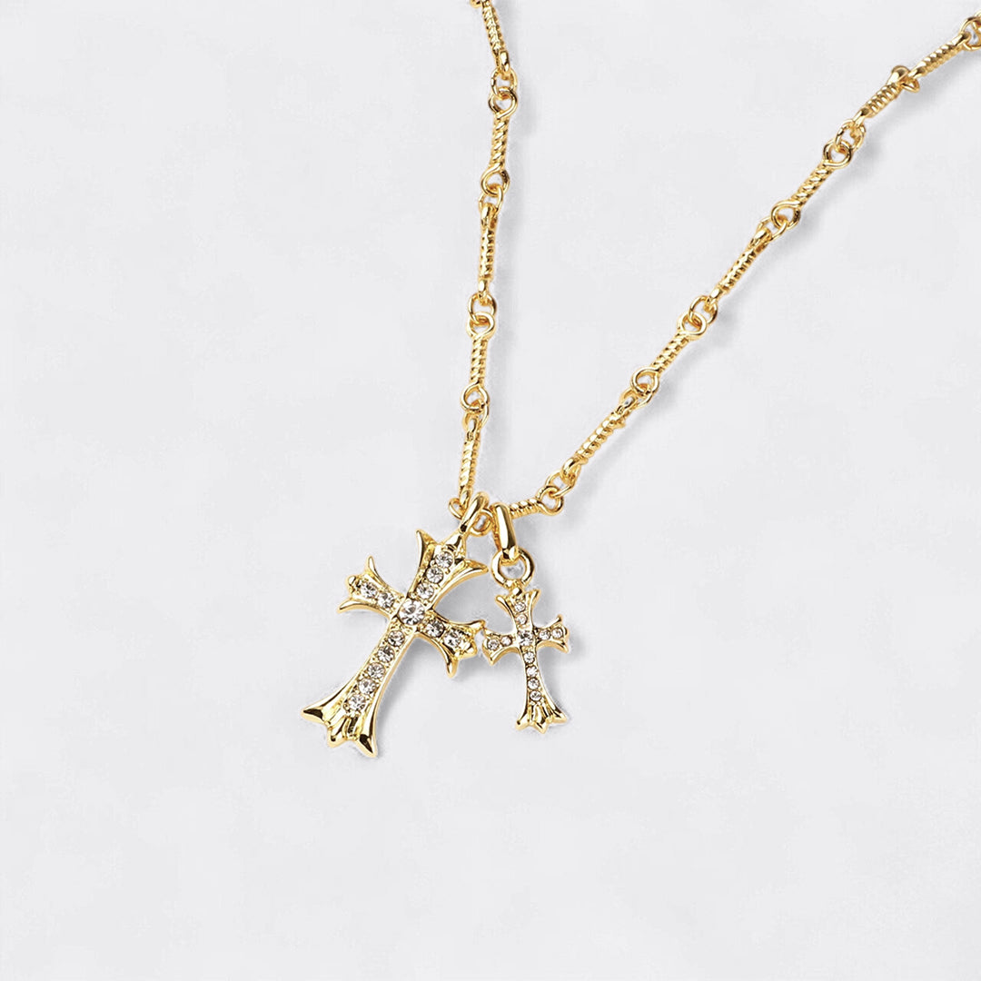 Double Cross Pendant Necklace in gold tone