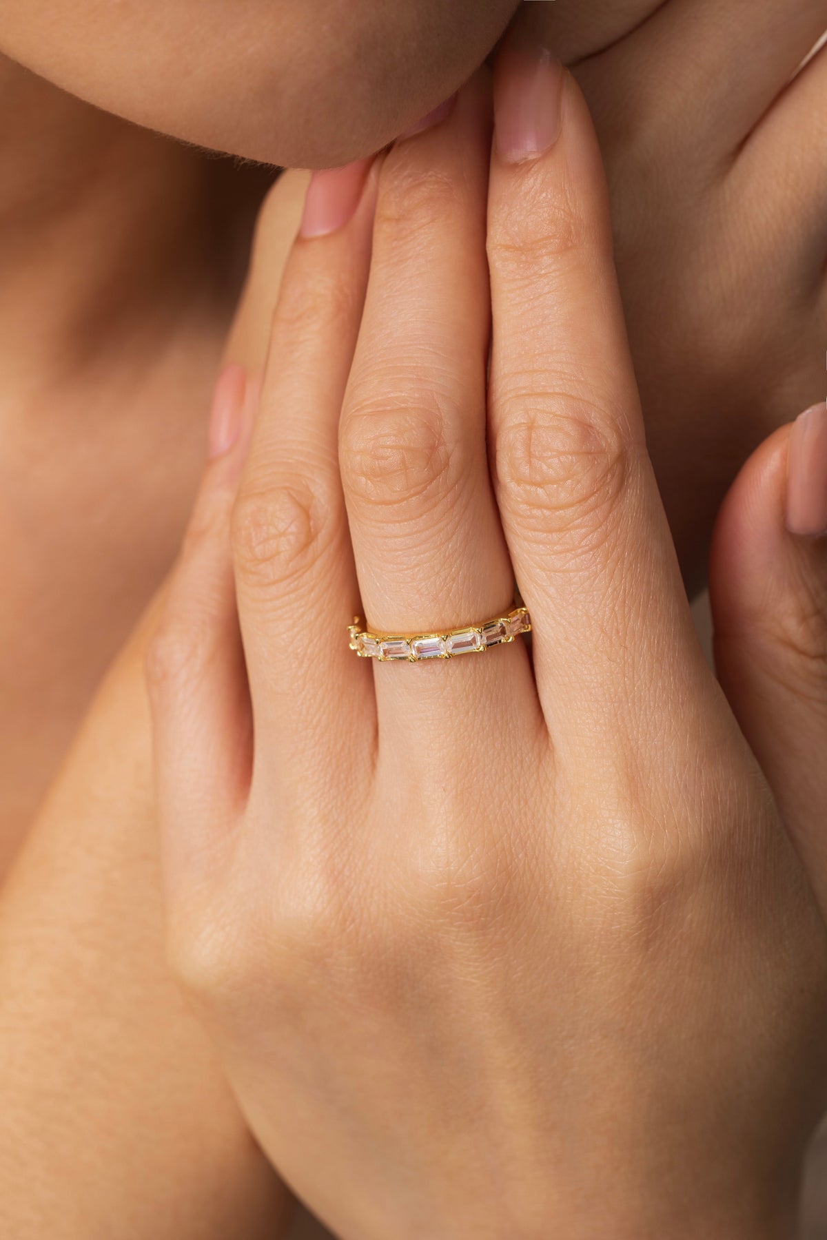 Emerald Eternity Band, worn on a model
