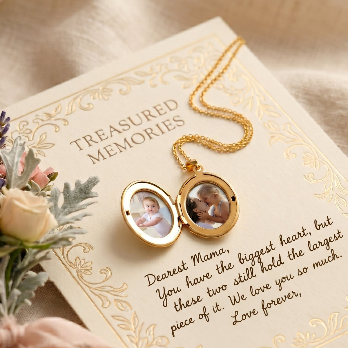 Engraved Oval Photo Locket Necklace, flat lay detail