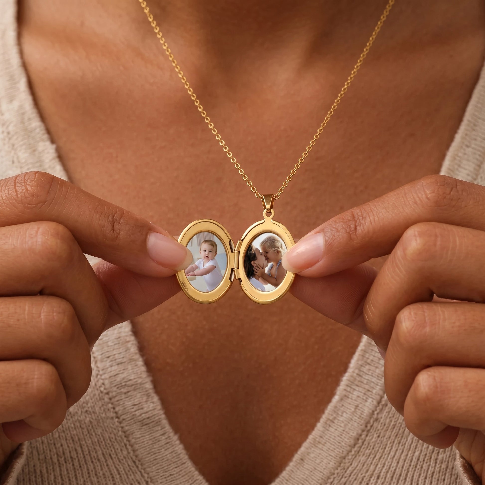 Engraved Oval Photo Locket Necklace, worn on a model