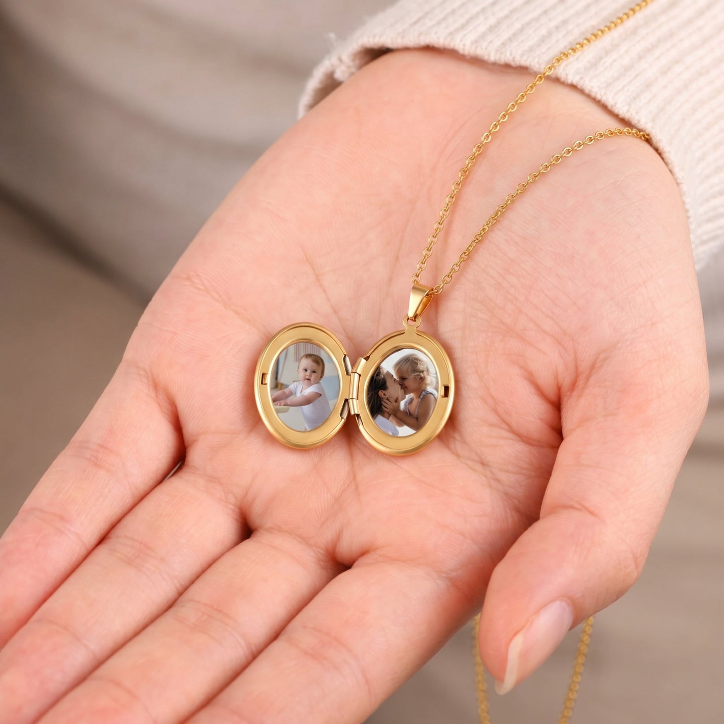 Engraved Oval Photo Locket Necklace, worn on a model
