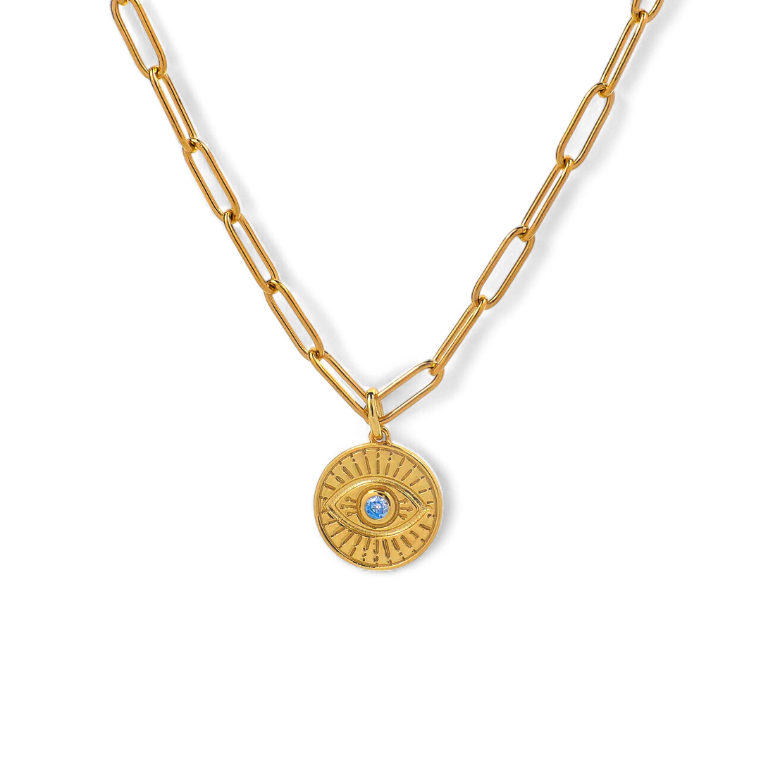 Evil Eye Coin Pendant Necklace with Paperclip Chain — Vanny Jewels