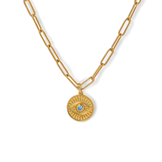 Evil Eye Coin Pendant Necklace with Paperclip Chain — Vanny Jewels