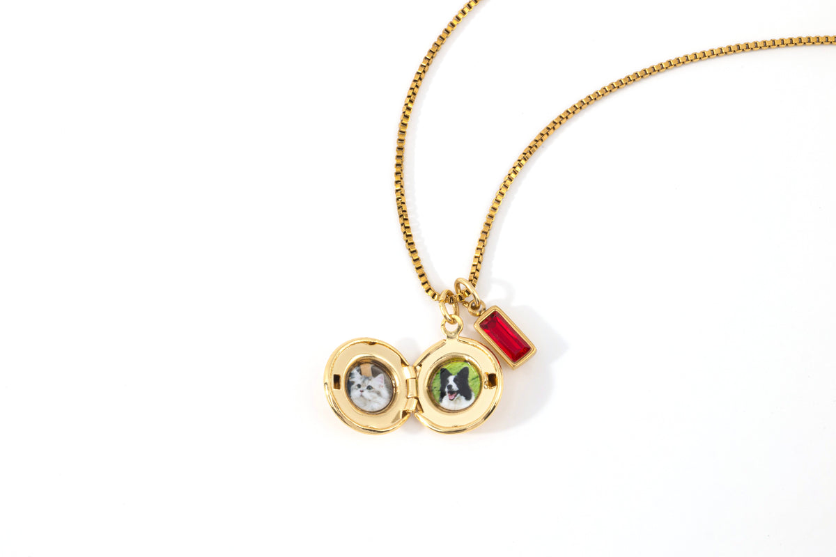 Family Birth Flower Locket Necklace with Birthstone in gold tone, flat lay detail
