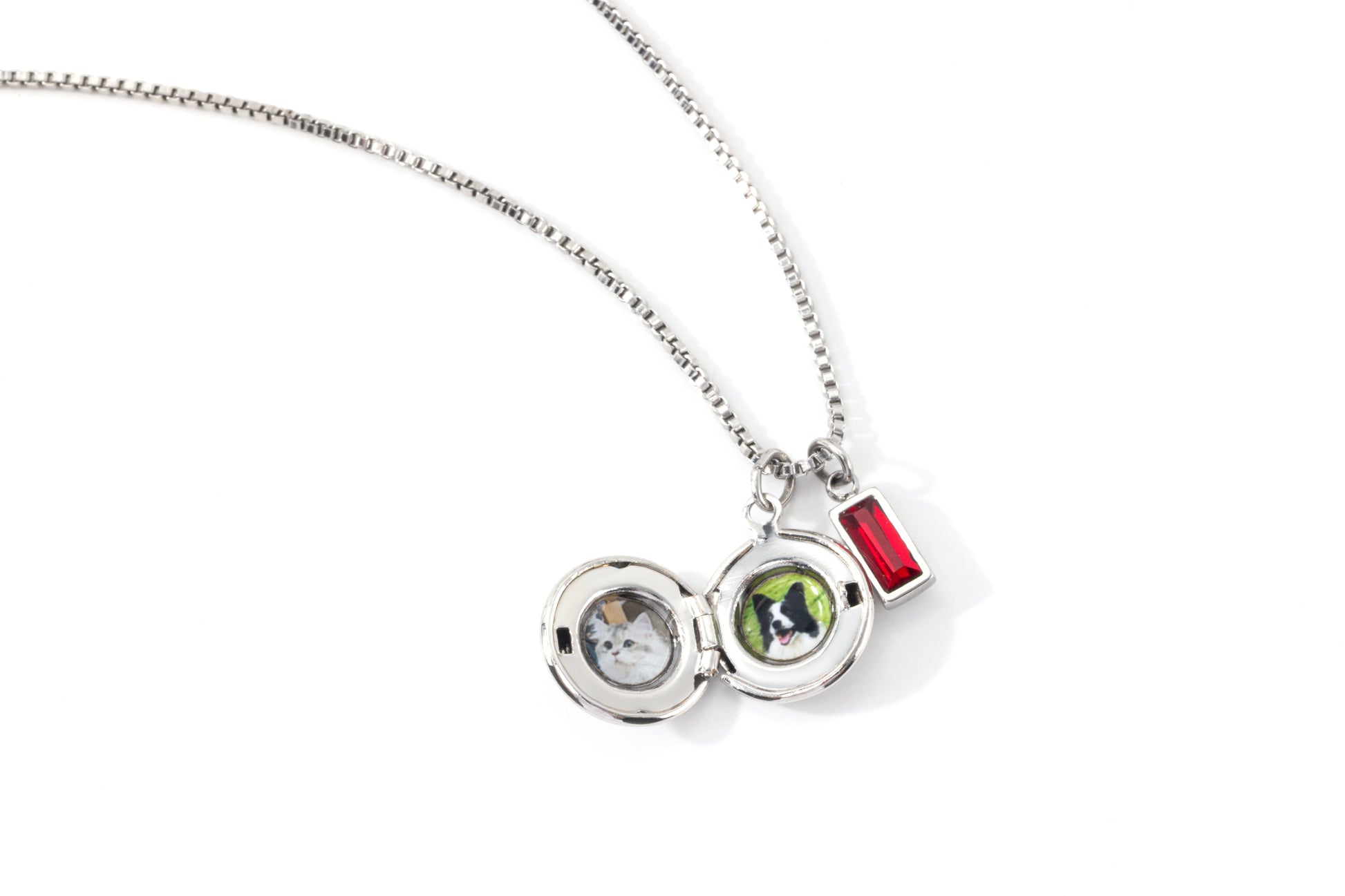 Family Birth Flower Locket Necklace with Birthstone in 925 sterling silver, flat lay detail